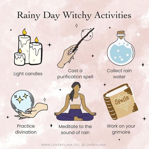 @mysticwitchofthemoon on Instagram: “Rainy day witchy activities by @lovebyluna . . . . #wiccansofinstagram #witchlife #witchesofinstagram #witch #witchcraft #wicca #wiccan…” Witch Activities, Witchy Activities, Witch Tools, Traditional Witchcraft, Witch Tips, Wiccan Magic, Spiritual Journals, Daily Love, Witch Spirituality