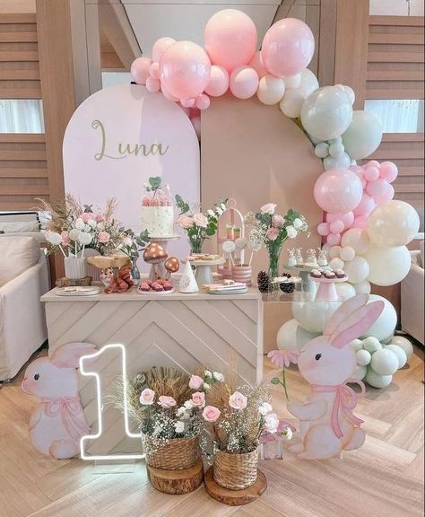 Easter First Birthday Girl, Bunny Birthday Decorations, Bunny Themed Birthday Party, Bunny Birthday Party Decorations, Bunny Birthday Theme, Bunny Birthday Party, Baby Birthday Decorations, Baby Birthday Themes, 1st Birthday Party Themes