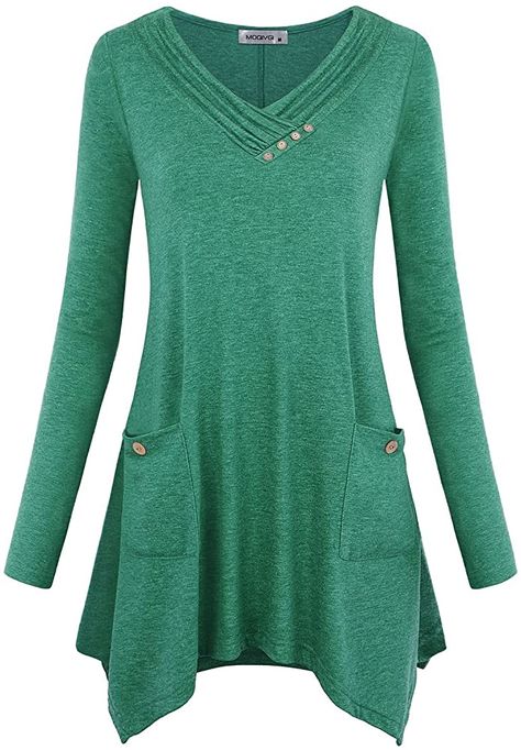 MOQIVGI Handkerchief Tops for Women, Chic Long Sleeve Cowl Neck Simple Basic Solid Color Work Blouses Button Embellished Draped Flowy Misses Hi Low Aline Tunic Sweatshirts with Pockets Green Medium at Amazon Women’s Clothing store Dressy Tunic Tops, Flowy Tunic Tops, Boho Goth, Maternity Tunic, Flowy Tunic, Pregnancy Fashion, Tunic Tops Casual, Simple Fashion, Shorts Skirts