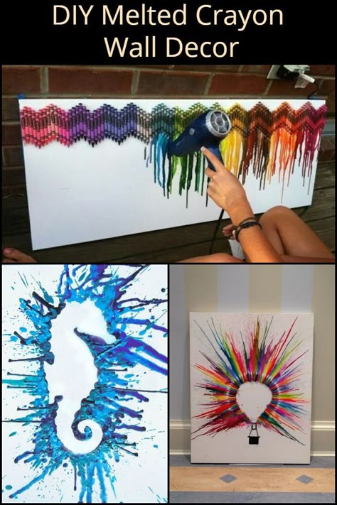 With a Canvas, Some Crayons, and a Hair Dryer, You Can Create Your Own Masterpiece Melted Crayons On Canvas, Crayon Canvas Art Melted, Melted Crayon Crafts Canvases, Blow Dry Crayon Art Diy, Melt Crayons On Canvas, Crayon Melting Art Ideas, Crayon Drip Art, Crafts To Do With Crayons, Hands On Art Projects