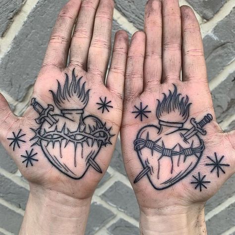 Hand Palm Tattoos, Thorns Tattoo, Thorn Tattoo, Barbed Wire Tattoos, Sacred Heart Tattoos, Anatomical Heart Tattoo, Torso Tattoos, Palm Tattoos, Heart Tattoos