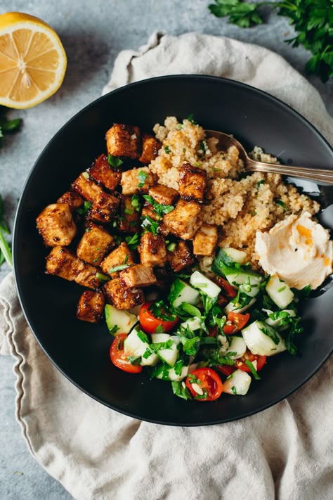 Quick Cucumber Salad, Tofu And Quinoa, Balsamic Tofu, Tofu Quinoa, Easy Weeknight Dinners Healthy, Fluffy Quinoa, Tofu Bowl, Lemon Salad, Quinoa Bowls