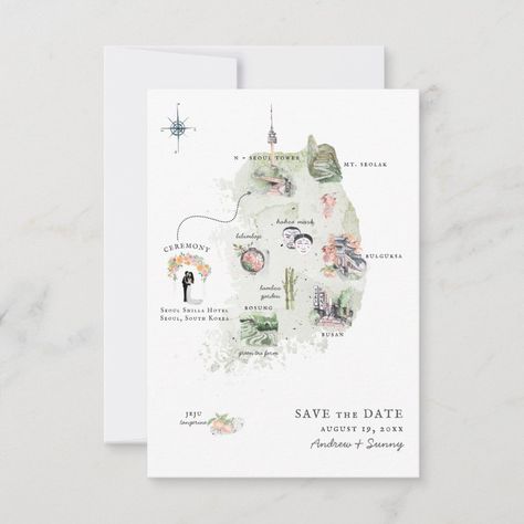 Korea Destination, Destination Wedding Itinerary, Destination Save The Date, Destination Wedding Save The Date, Bachelor Party Invitations, Map Illustrations, Wedding Invitations Calligraphy, Map Wedding, Envelope Calligraphy