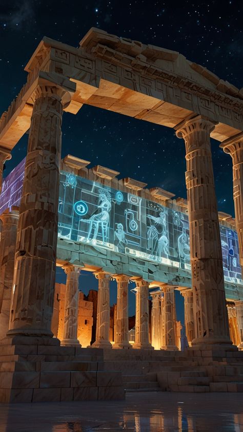 A stunning blend of ancient Greek mythology and advanced technology. Explore AI-powered gods, digital temples, and futuristic Athens in this unique concept art.  #DigitalArt #GreekMythology #Futurism #AIArt #TechnoSpiritual #AncientGreece #CyberpunkArt #Mythology #PinterestArt Ancient Greece Fantasy Art, Futuristic Ancient Greece, Ancient Temple Concept Art, Ancient Egypt Aesthetic, Higher Dimensions, Egypt Aesthetic, Ancient Greek City, Ancient Greek Mythology, Heaven Art