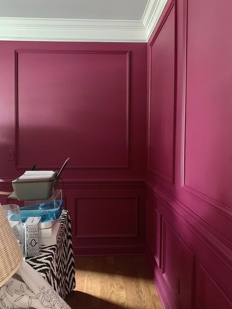 Magenta Bathroom Walls, Rangwali Farrow And Ball, Raspberry Walls, Dark Pink Walls, Dark Pink Room, Dark Pink Paint, The Weekend Painting, Purple Wall Color, Yellow Bungalow