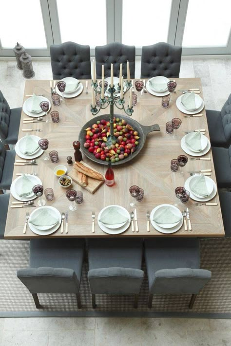 this is holiday setting and is so much more dramatic than the traditional 12 top rectangular tables Square Dining Room Table, Rustic Thanksgiving Table, Table For 12, Rustic Thanksgiving, Round Dining Room Table, Round Dining Room, Thanksgiving Table Settings, Small Kitchens, Square Dining Tables