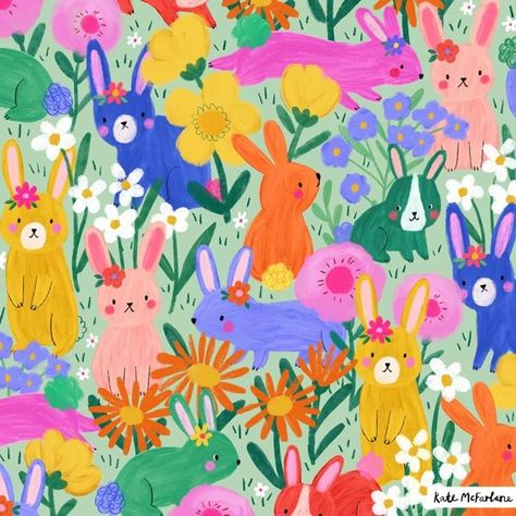 Kate Mcfarlane, Garden Graphic, Flower Meadow, Bunny Pattern, Kids Pjs, Year Of The Rabbit, Whimsical Garden, Hide And Seek, Art Licensing