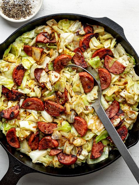 Sautéed Cabbage and Sausage Cabbage Sausage Potato, Sausage Cabbage Skillet, Sautéed Cabbage, Cabbage Sausage, Fried Cabbage With Sausage, Postpartum Meal Prep, Meal Bowls, Dinners For 2, Postpartum Meal