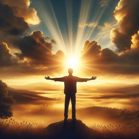 A serene landscape at sunrise, symbolizing peace and new beginnings. In the foreground, a solitary man stands with his arms spread wide, facing the rising sun. The sun's rays break through the clouds, casting a warm, golden light over the landscape. The man's posture and the sunrise symbolize feeling uplifted and rejuvenated by biblical affirmations. Sun Morning Photography, Inspirational Images Pictures, Sun Rise Pictures Mornings, Love In Bible, Affirmations For Him, Rising Sun Wallpaper, Sun Through Clouds, Rising Sun Pictures, Break Through