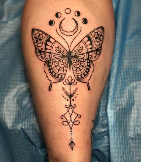 Mom Daughters Tattoo Design, Butterfly And Moon Phases Tattoo, Butterfly With Moon Phases Tattoo, Moon Phase Butterfly Tattoo, Dreamcatcher Hand Tattoo, Butterfly Daughter Tattoo, Butterfly Moon Phases Tattoo, Butterfly Mandala Tattoo For Women, Big Butterfly Tattoo On Back