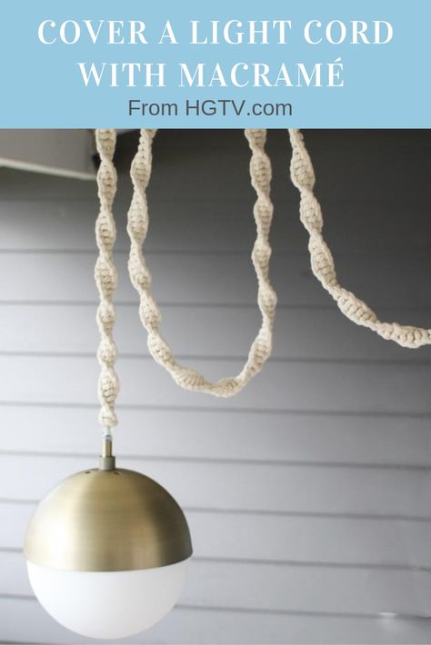 Electrical cords can be so unattractive and boring. Learn how to dress up pendant light cords with macrame. Macrame Lamp Cord, Hanging Lamp Cord, Cord Lamp Hanging, Macrame Cord Cover, Decorative Cord Covers, Cord Cover Ideas, Macrame Cord Projects, Crochet Cord Cover, Diy Cord Cover