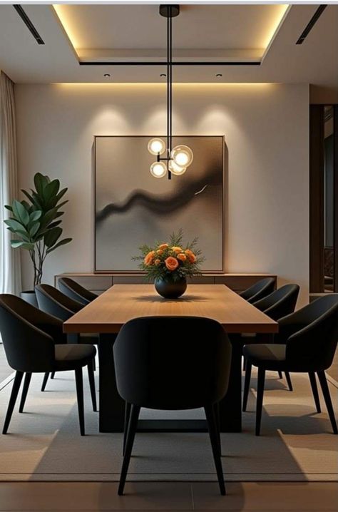 Styling Black Dining Table, Dining Room With Wood Table, Dining Set Up Ideas, Open Dining Room Design, Modern Accent Wall Dining Room, Dinning Room Ideas Dark Brown Table, Modern Chairs For Dining Table, Modern Kitchen Dining Room Combo, Modern Dinning Ideas