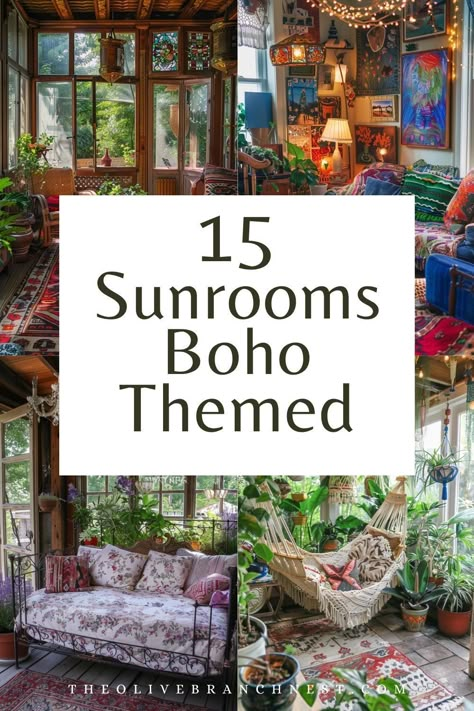 Transform your space into a tranquil oasis with our boho sunroom ideas. Combining modern design with bohemian flair, these small yet airy spaces feature an abundance of plants and unique decor, all illuminated by large windows that connect you to the outdoors. Diy Sunroom Decor, Boho Conservatory Decor, Small Sunroom Ideas Modern, Whimsigoth Sunroom, Small Solarium Ideas, Indoor Solarium, Plant Room Ideas Sunroom, Summer House Decor Ideas Interior Design, Eclectic Sunroom