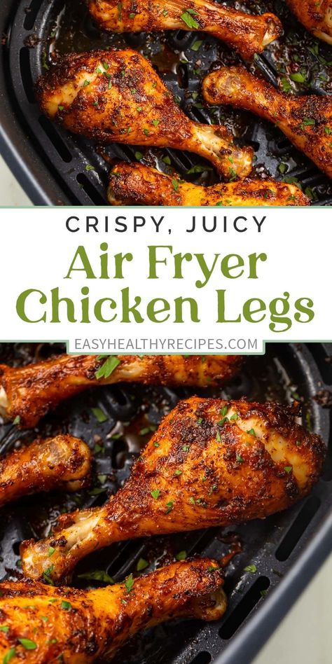 What if I told you there's a way to get deliciously crispy chicken drumsticks without any breading or batter and with very little oil? This recipe for air fryer chicken legs gives you exactly that! Seasoned with a simple blend of spices, this quick and easy recipe will be favorite in your house! Chicken Legs Air Fryer, Chicken Legs Recipes, Crispy Air Fryer Chicken, Bbq Chicken Legs, Fried Chicken Legs, Chicken Leg Recipes, Chicken Dinner Ideas, Drumstick Recipes, Chicken Drumstick Recipes