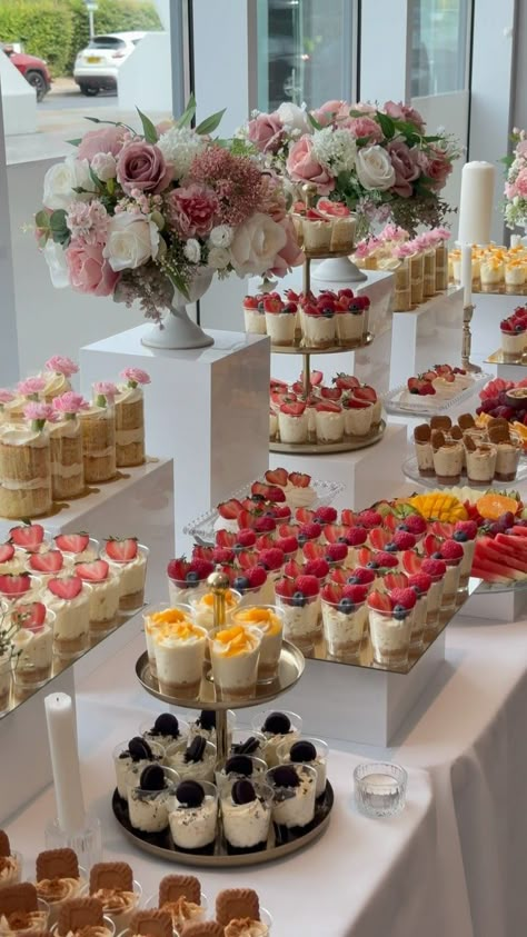 SheikhArts Desserts | Libby & Moore 🤍 Dessert table consisted of shot glass desserts, cakelettes, pavlova and fruit platters. Location: Hilton - Utilita Bowl... | Instagram Engagement Sweet Table Ideas, Dessert Set Up Display, Quince Fruit Table, Desert Ideas For Weddings, Bridgerton Dessert Table, Casual Engagement Party Decorations, Buffet Dessert Ideas, Dessert Table Set Up, Dessert Wedding Table