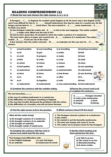 Reading Comprehension (2) - English ESL Worksheets for distance learning and physical classrooms Esl Reading Comprehension, Free Reading Comprehension Worksheets, Esl Reading, Comprehension Exercises, English Teaching Materials, English Exercises, Grammar Book, Reading Comprehension Skills, Reading Comprehension Activities