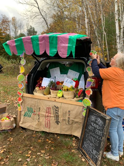 Fruit stand theme fruit of the spirit trunk or treat Trunk Or Treat Farmers Market, Fruit Trunk Or Treat Ideas, Farmers Trunk Or Treat, Fruit Trunk Or Treat, Cereal Trunk Or Treat, Farmers Market Trunk Or Treat, Trunk Or Treat Fruit Of The Spirit, Fruits Of The Spirit Trunk Or Treat, Fruit Of The Spirit Trunk Or Treat Ideas