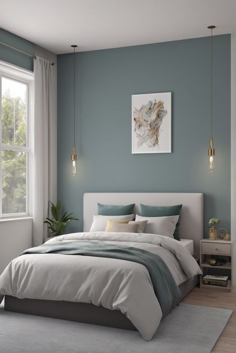 Room Painting Ideas Bedroom Blue, House Colors Interior Ideas Master Bedrooms, Blue Colour Interior Design, Blueish Gray Bedroom, Best Soothing Bedroom Colors, Bed Wall Paint Ideas, Room Interior Bedroom Color, Interior Bedroom Colors, Natural Bedroom Paint Colors