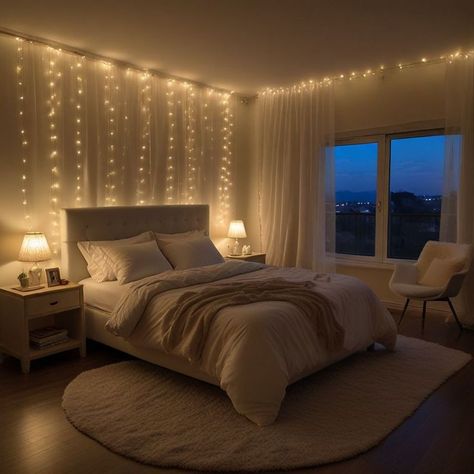 Lit Up Bedroom Ideas, Bedroom Lighting Fairy Lights, Bedroom With Twinkle Lights, Apartment Room Lighting Ideas, Cosy Bedroom Ideas For Couples Romantic, Lilac And Wood Bedroom, String Lights Home, Room With No Light Fixture, Bedroom Soft Lighting