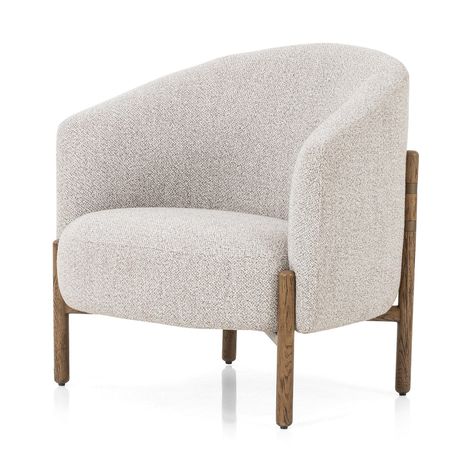 Sensibly elegant. Upholstered in light grey-colored performance fabric, traditional barrel back seating with a subtle wing silhouette cradles into solid oak framing, with rear iron stretchers adding a thoughtfully modern touch. DimensionsOverall: 33"w x 31.5"d x 32"hSeat Depth: 21.5"Seat Height: 17.5"Arm Height from Se Wing Silhouette, Fabric Accent Chair, Cozy Chair, Glider Chair, Wood Arm Chair, Chair Style, Four Hands, Burke Decor, Accent Chairs For Living Room