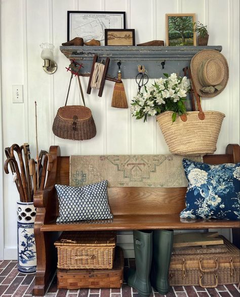 country bench, mudroom, country home, cottage, cottage core, vintage, country living, farmhouse, english home, country interiors Cottage Entryway, Miss Mustard Seed, Enchanted Home, Boot Room, Vintage Cottage, Mustard Seed, Cottage Decor, House Inspiration, Cottage Style