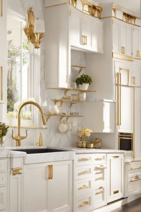 kitcheninspiration, cabinetgoals, dreamkitchen, goldhardware White Gold Kitchen Cabinets, White Cabinet Kitchen Gold Hardware, Kitchen Cabinets White And Gold, White Marble Kitchen With Gold Accents, Gold And White House Decor, White Bronze Kitchen, White Gold And Wood Kitchen, Gold And White Kitchens, White Gold House Interior