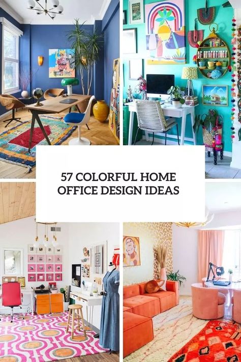 Colorful Interiors Office, Office Colorful Design, Funky Home Office Ideas, Colorful Minimalist Office, Bright Home Office Ideas, Colorful Boho Office, Bold Office Colors, Maximalist Office Space, Fun Home Office Design