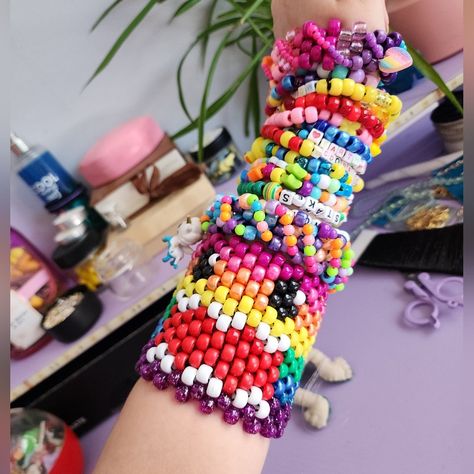 Cute Beads Accessories, Domo Kandi Cuff, Scene Kid Accessories, Kandi Corset, Kandi Bracelets Cuff, Domo Kandi, Kandi Tie, Kandi Belt, Kandi Core