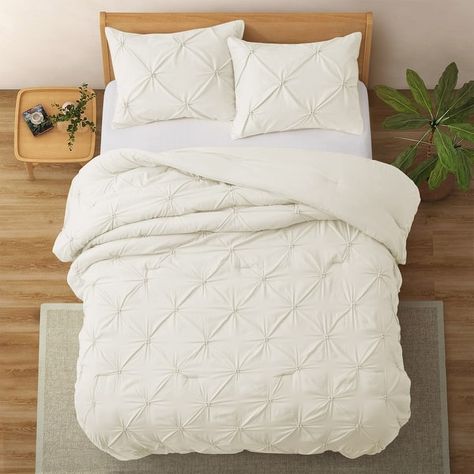 3 Piece Pintuck Pinch Pleat Comforter Set, Bedding Set for All Season - On Sale - Bed Bath & Beyond - 39465975 Cream Bed Comforter, White Textured Bedding, Teen Bedding Ideas, Aesthetic Comforters, Comforter Sets Twin, Aesthetic Comforter, Pintuck Comforter, Winter Room