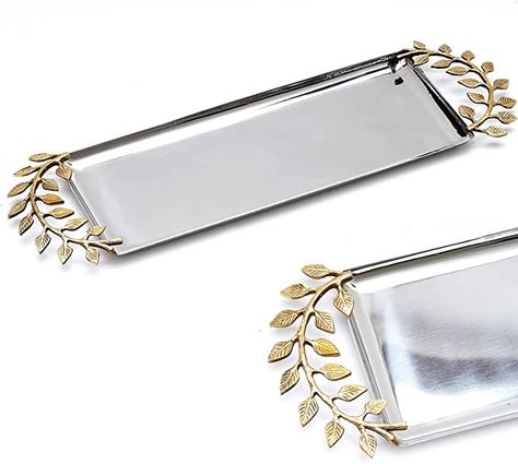 Amazon.com: Extra Long Decorative Oval Centerpiece Silver Serving Tray with Accents by Gute - Stainless Steel Metal & Brass, Gold Leaves Trim Accent Design, Serveware Foods Home Decor Gifts 21"x6" : Home & Kitchen Hotel Accessories, Silver Serving Tray, Carved Tray, Silver Serving Trays, Vintage Brass Decor, Elegant Tray, Flower Tray, Metal Furniture Legs, Fancy Dinner Party