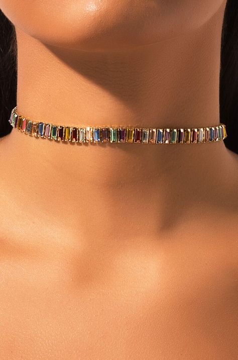 AKIRA Label Multi Color Gemstone Link Choker Necklace in Gold Multi, Blue Multi, Rainbow Multi, Topaz - Rainbow Choker, Gemstone Choker Necklace, Diy Collier, Gemstone Choker, Pose Fotografi, Body Chains, Jewellery Necklace, Dope Jewelry, Rhinestone Choker