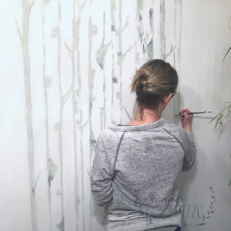 Jennifer Rizzo painting birch tree wallpaper on wall as a mural #murals #wallpaperideas #wallpapermurals #birchtrees #Diymuralideas Painting Birch Trees On Wall, Diy Birch Tree Painting Wall Murals, Birch Tree Wall Mural, Birch Tree Wall Art, Trees Painted On Walls, Paint Trees On Wall Diy, Birch Mural, Tree Murals On Wall, Closet Mural