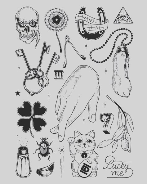 Good Luck Tattoo, Tattoo Flash Ideas, Lucky Tattoo, Luck Tattoo, Flash Sheets, Type Tattoo, Flash Ideas, Lucky Symbols, Friday 13th