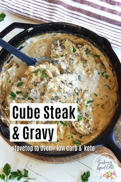 Cube steak in the oven is so easy! Quickly pan-sear the cube steaks and make the gravy. Using a cast iron skillet it goes from stovetop to oven with ease. This recipe is gluten free, low carb, and keto. Cube Steak In Oven, Cubed Steak With Gravy, Cubed Steak And Gravy, Onion And Mushroom Gravy, Steak In The Oven, Steak With Gravy, Cube Steaks, Cube Steak And Gravy, Ground Beef Meatballs