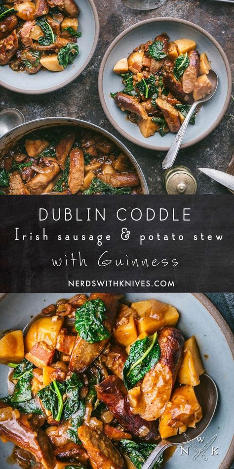 Dublin Coddle is a hearty stew made with potatoes and bangers (Irish sausages). It’s deeply savory, with a sauce packed with caramelized onions, smoky bacon and stout ale. Because we are who we are, our version has a few non-traditional ingredients that bring the flavor to another level, without changing the essential rustic nature of the dish. Irish Sausage Stew, Sausage And Potato Stew, Dublin Coddle Recipe, Irish Bangers, Coddle Recipe, Irish Sausage, Dublin Coddle, Guinness Stew, Cottage Recipes