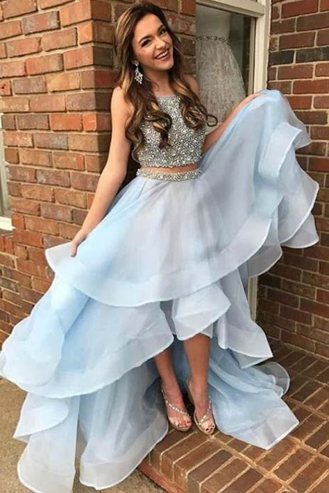 High Low Prom Dress, Prom Dresses Sparkly, Dogs Aesthetic, Light Blue Prom Dress, High Low Prom Dresses, Blue Two Piece, Evening Party Dresses, Prom Dresses Sleeveless, Prom Dress Ideas