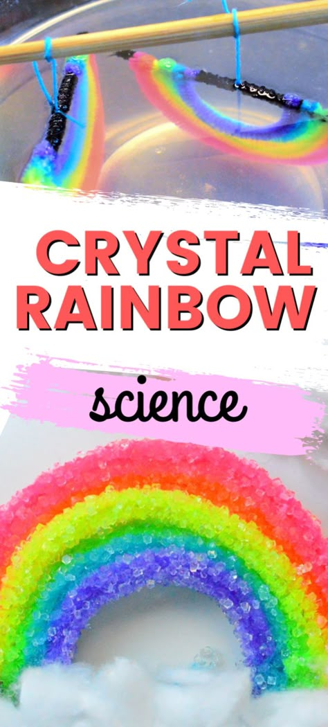 Growing Crystals For Kids, Rainbow Science Experiment, Crystals At Home, Crystals For Kids, Rainbow Science, Rainbow Experiment, Science For Toddlers, Growing Crystals, Rainbow Ornaments