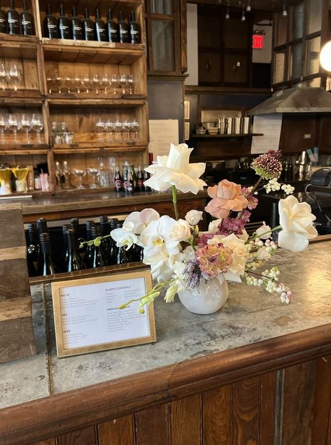 Restaurant Flower Arrangements, Bar Floral Arrangement, Bar Florals, Bar Arrangement, Arrangement Flowers, Brooklyn Winery, Rustic Bar, Whiskey Bar, Orchid Arrangements