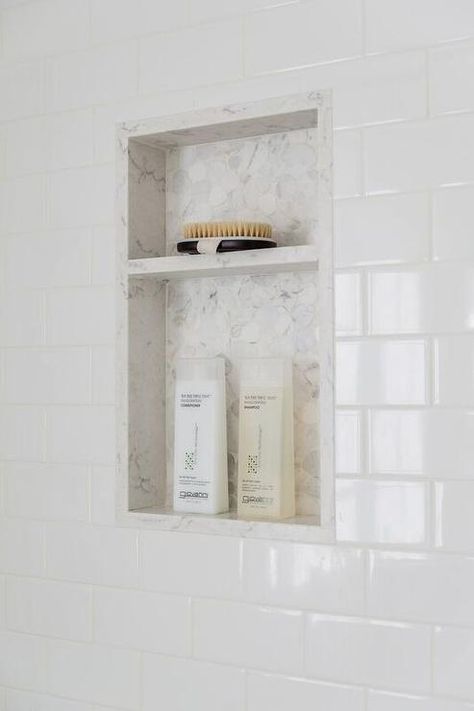 Recessed Niche, Travertine Shower, Master Remodel, Tile Shower Niche, Tile Tub, Second Bathroom, Bathroom Niche, Austin House, Subway Tile Showers