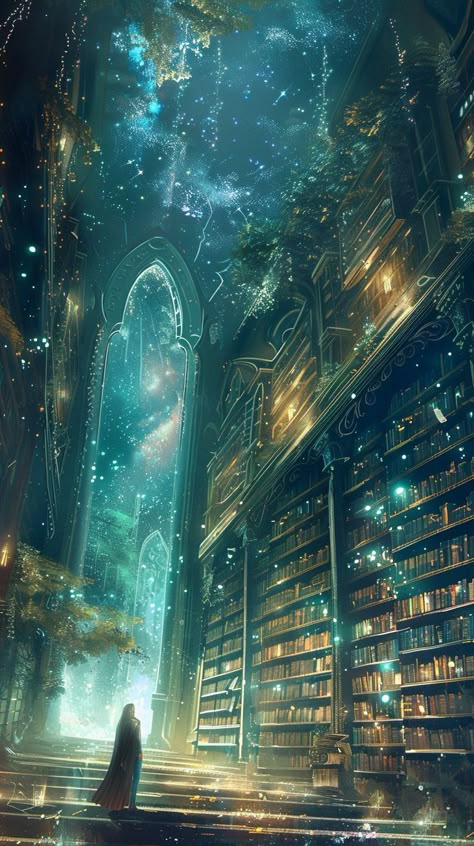 Follow me for more bookish art #library #libraryaesthetic #fantasylibrary #libraryart Endless Library Fantasy Art, Mystical Library Aesthetic, Great Library Fantasy Art, Fantasy Art Library, Starry Library, Magic Library Art, Fantasy Library Concept Art, Fantasy Library Art, Library Fantasy Art