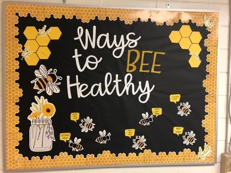 Elementary Nurse Office, Nurse Bulletin Board Ideas, School Nurse Decorations, School Nurse Elementary, School Cafeteria Decorations, Bee Bulletin Boards, Cafeteria Decorations, Physical Education Bulletin Boards, Cafeteria Bulletin Boards