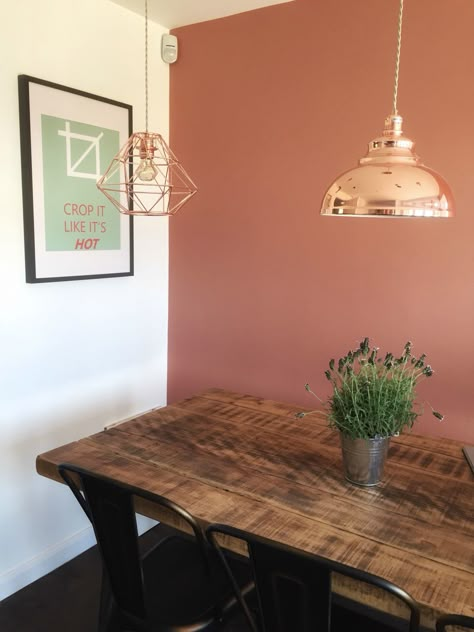 'Crop it like it's hot' print. Dulux 'Copper Blush' wall. Dunelm Mill Copper Pendants. Blush Walls, Wallpaper Minimal, Accent Wall Ideas, Bathroom Paint Colors, Kitchen Paint Colors, Trendy Living Rooms, Wallpaper Accent Wall, Room Paint Colors, Bedroom Paint Colors