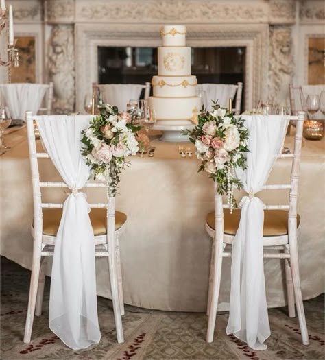 For some couples, simple isn’t really their thing, and that’s fine. If you’re not so ‘less is more’ then you’ll adore these seriously luxe-looking chairs, pictured at Weston Park. The fabric draping is chic on its own, but the addition of the flowers just takes it to the next level. Wedding Chairs Diy, Wedding Chair Decor, Diy Reception, Wedding Invitations With Pictures, Wedding Chair Decorations, Chair Covers Wedding, Chair Decor, Reception Chair, Wedding Chair