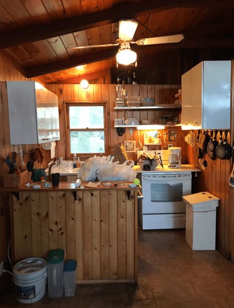 Cabin Remodel Before And After, Small Lake Cottage Interiors, Lake Cabin Interiors, Cabin Bunk Room, Tiny Cabin Kitchen, Small Lake Cabins, Tiny Cabins Interiors, Small Cabin Interiors, Cabin Storage