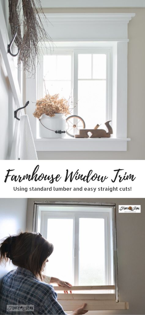 How To Case Existing Windows, Wide Window Sill Ideas, Farmhouse Interior Trim, Farmhouse Molding, Window Trim Ideas Interior, Building Farmhouse, Window Trim Styles, Farmhouse Window Trim, Window Trim Ideas