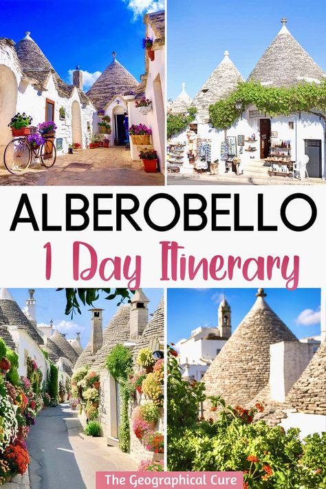 Pinterest pin for one day in Alberobello Arbelobello Italy, Alberobello Photo Ideas, Trulli Houses, Alberobello Italy, Italy Places, Bari Italy, Matera Italy, European City Breaks, Road Trip Europe