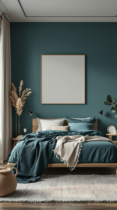 Dark Teal Bedroom Dark Teal Wall Bedroom, Dark Teal Green Bedroom, Dark Teal Bedding Color Combinations, Modern Teal Bedroom, Dark Teal Office Walls, Bedroom Teal Walls, Teal Walls Bedroom, Dark Teal Accent Wall, Bedroom With Teal Walls