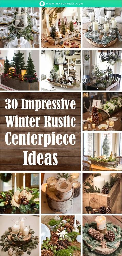 30 Impressive Winter Rustic Centerpiece Ideas - Matchness.com Greenery Dining Room Decor, January Dining Table Centerpieces, Winter Formal Table Centerpieces, Winter Table Scapes Ideas, Faux Fur Table Runner Christmas, Winter Kitchen Table Centerpieces, Rustic Winter Table Decor, January Centerpieces For Table, Winter Dinner Table Decor