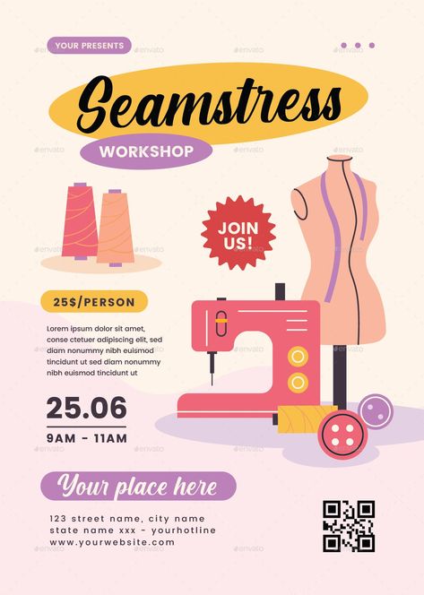 Seamstress Workshop Flyer Seamstress Workshop, Workshop Flyer Design, Workshop Flyer, Cybersecurity Awareness, Workshop Design, Street Names, Vector Illustrations, Fashion Brand, Poster Design