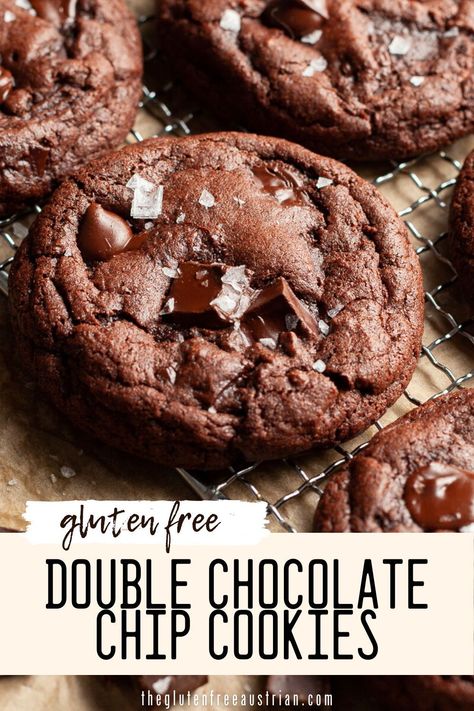 Indulge in the ultimate chocolate experience with these decadent gluten free double chocolate chip cookies! Perfectly soft, chewy, and loaded with rich chocolate flavor, these cookies are a must-try for any chocolate lover. Whether you're baking for a special occasion or just satisfying a sweet tooth, these cookies are sure to impress. Gf Double Chocolate Chip Cookies, Gluten Free Chewy Cookies, Gluten Free Double Chocolate Cookies, Easy Double Chocolate Chip Cookies, Double Chocolate Chunk Cookies, Gluten Free Chocolate Desserts, Gluten Free Christmas Recipes, Gluten Free Chocolate Cookies, Cookie Board